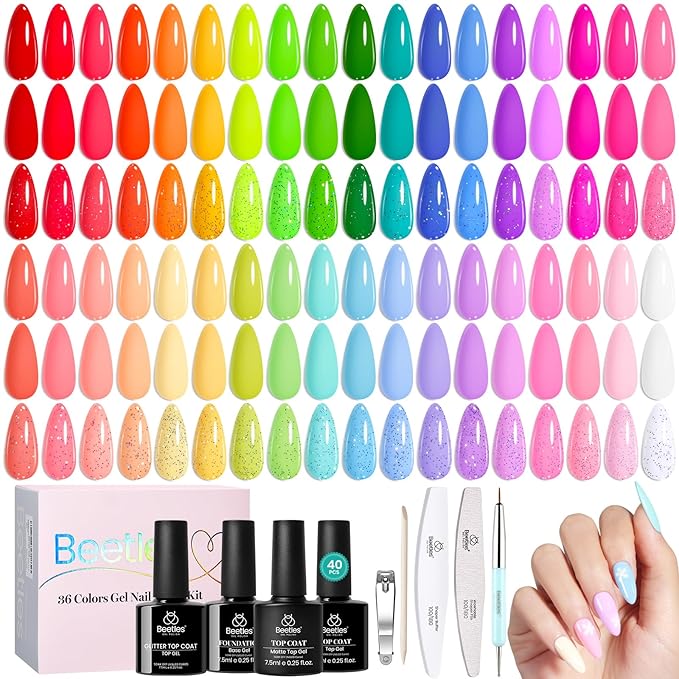 Beetles Spring Gel Polish Set - 36 Colors Pastel Neon Rainbow Bright Color Gel Polish Set with Base Coat Glossy Matte & Glitter Top Coat Pink Red Yellow Manicure Vivid Whimsy Easter Gifts for Women