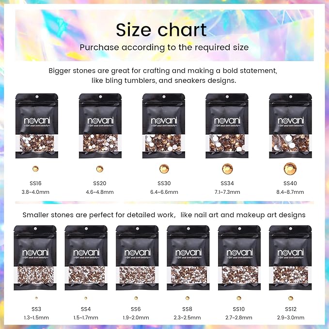 Novani Brown Rhinestones Flatback Rhinestones Glass Nail Gems Stones Jewels Round Gemstones Non-Hotfix Crystal,SS10,1440 Pieces,Topaz