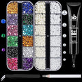 BELLEBOOST Nail Art Rhinestone Glue Gel&2 Boxes Flatback Gems Kit, 1 Tube of 15ml Rhinestone Gel Glue(UV/LED Needed)+Colorful Gems+Flat-Back Half Round White&Beige Pearls with Pickup Tools