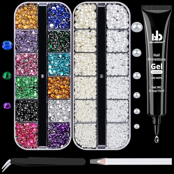 BELLEBOOST Nail Art Rhinestone Glue Gel&2 Boxes Flatback Gems Kit, 1 Tube of 15ml Rhinestone Gel Glue(UV/LED Needed)+Colorful Gems+Flat-Back Half Round White&Beige Pearls with Pickup Tools