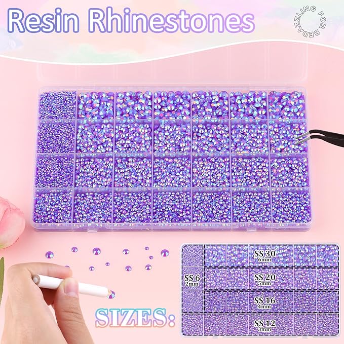 30000Pcs Resin Rhinestones for Bedazzling with B7000 Jewelry Glue, Dark Purple AB Flatback Gems Rhinestones for Crafting, Clothing Tumblers Mugs Shoes Fabric Decor Nail Art