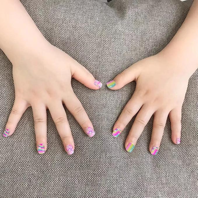 SIUSIO 132 Pcs 6Pack Kids Press on Nails Children Acrylic Fake Nails Cute Pre-glue Full Cover Glitter Gradient Color Rainbow Short Stick On False Nail Art Kits Set for Kids Little Girls - Spendid Pony