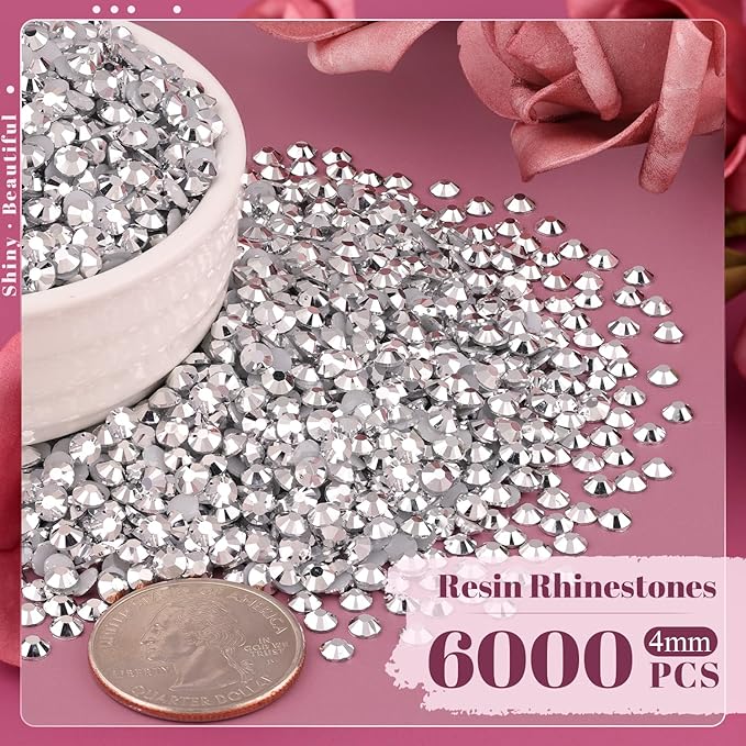 6000PCS 4mm Resin Rhinestones Bulk for Crafting (Silver), Flatback Bedazzling Crystals for Crafts DIY Nail Decoration, Gems Charms for Tumbler Shoes Clothing Fabric with Pickup Pen and Tweezers