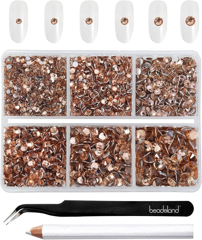 Beadsland 4300pcs Flatback Rhinestones, Champagne Rhinestone Nail Gems Round Crystal Rhinestones for Crafts,Mixed 6 Sizes with Picking Tweezers and Wax Pencil Kit, SS6-SS20, Light Peach