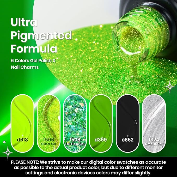 Beetles Neon Green Gel Nail Polish Set, 6 Color Glitter Silver Brat Tribe Gel Polish with Rhinestones for DIY Nail Art Festival Manicure Gift for Women