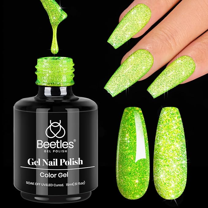 beetles Gel Polish Green Glitter Gel Nail Polish 0.51OZ Reflective Nail Art Manicure Salon DIY at Home UV LED Needed Gifts for Women Lime Shock St Patrick Day