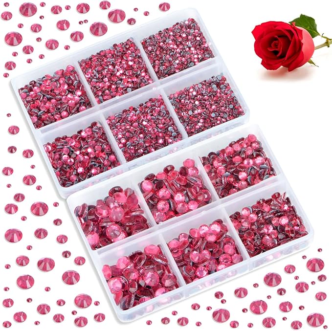 Bymitel Hotfix Crystal Rhinestones Round Gems for Crafts,Mixed 6 Sizes with Wax Pencil Kit, Rose 1.6-6.3mm SS4-SS30/8000pcs