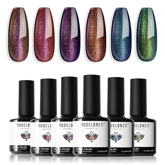modelones Chameleon Gel Nail Polish Set - 6 Colors Winter Aurora Gel Polish Kit Blue Green Purple Red Brown Glitter Gel Polish Soak Off LED Nail Lamp Gel Nail Kit Home Gift DIY Salon for Women