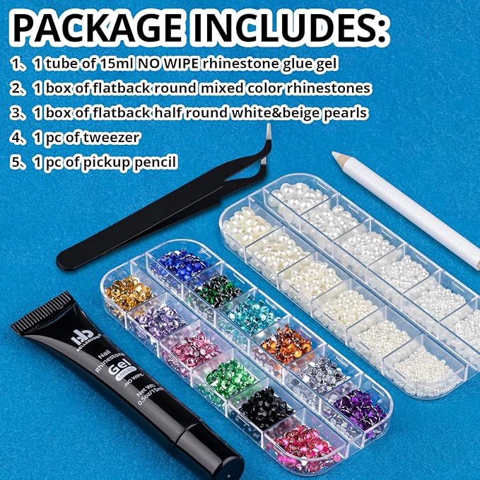 BELLEBOOST Nail Art Rhinestone Glue Gel&2 Boxes Flatback Gems Kit, 1 Tube of 15ml Rhinestone Gel Glue(UV/LED Needed)+Colorful Gems+Flat-Back Half Round White&Beige Pearls with Pickup Tools