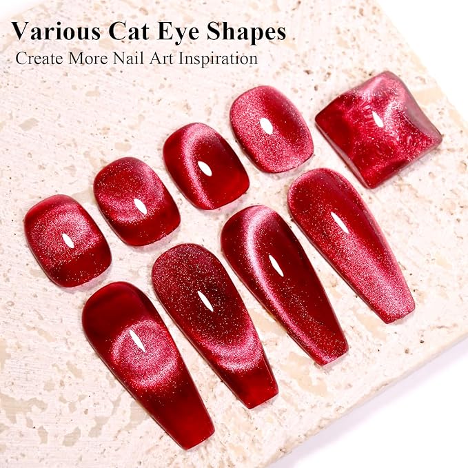 Imtiti Cat Eye Gel Nail Polish, 15ml Blood Red Crystal Glitter Cat Eye Magnetic Gel Nail Polish With Magnet, Holographic Galaxy Sparkly Soak Off UV Led Manicure Nail Salon Kit