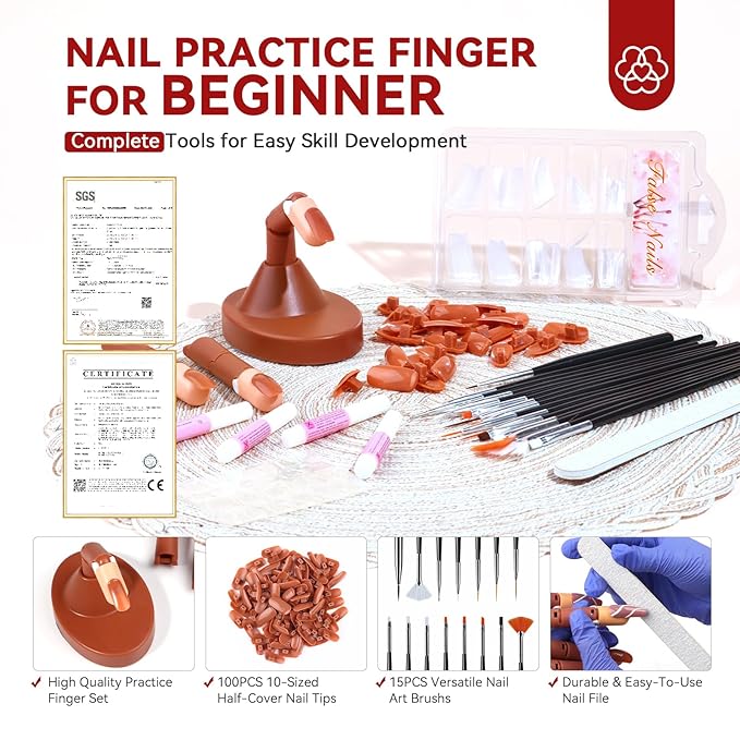 Saviland Nail Practice Finger for Acrylic Nails: Adjustable Nail Practice Hand Fake Mannequin Training Finger Replaceable Nail Tips Nail Art Brush Tools Kit Beginner Home DIY