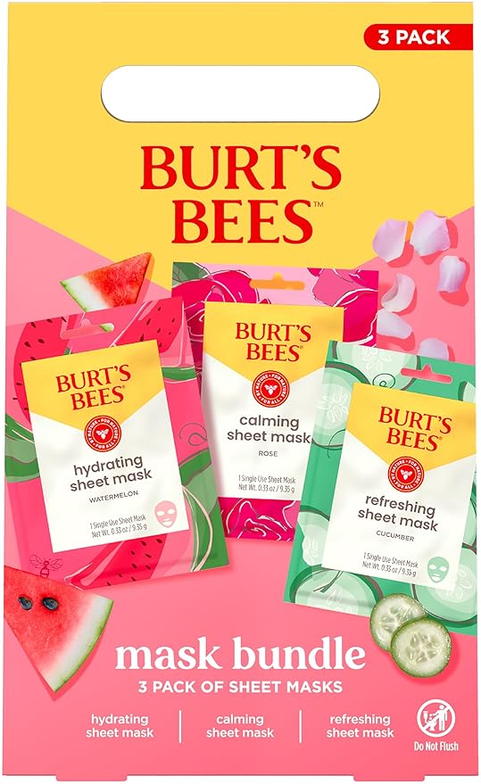 Burt's Bees Face Mask Bundle Set for Valentine's Day, Hydrating Watermelon, Calming Rose, & Refreshing Cucumber, Face Sheet Masks for Single Use Skin Care, 99% Natural Origin, 3 Count, 0.33oz Each