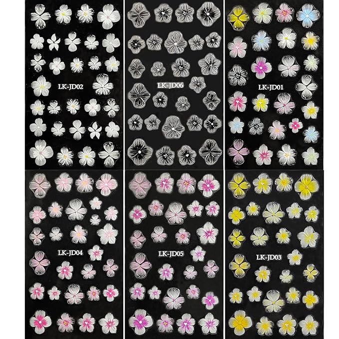 Flowers Nail Stickers 5D Embossed Nail Art 6 Sheets Colorful Nails Decals 3D Self-Adhesive Plumeria Supplies for Women Girls Manicure Nail Decoration Spring Summer Nails Design Sticker