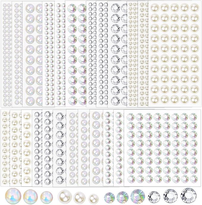 3000Pcs Self Adhesive Pearls and Rhinestones Stickers, Stick on Rhinestone Hair Pearl Diamond Stickers Self Adhesive Face Gems Hair Gems for Face Makeup Nail Art Cell Phone DIY Crafts