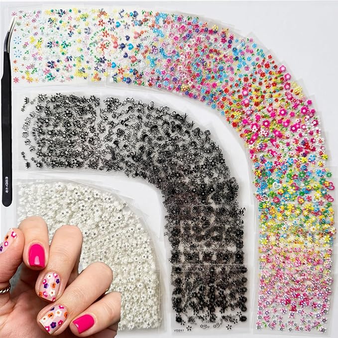 90 Sheets Flower Nail Art Stickers Decals 3D Self-Adhesive Daisy Cherry Blossoms Flower Nail Sticker Black White Colorful Floral Nails Supplies for Women Girls Manicure Decoration with Nail Tweezer