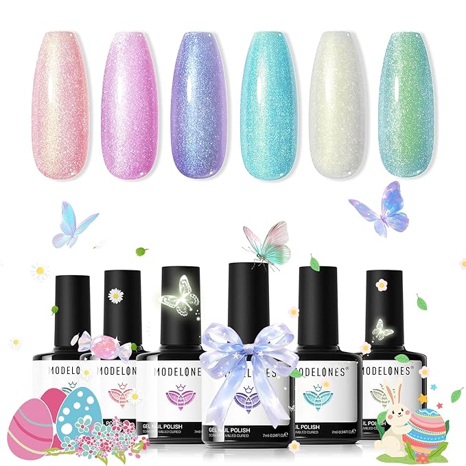 modelones Gel Nail Polish Set, 6 Colors 2026 Spring Pastel Easter Candy Mermaid White Pink Glitter Gel Polish Baby Blue Purple Galaxy Sparkle Shimmer Pearl Nail Polish Soak Off LED Nail Art DIY Gift