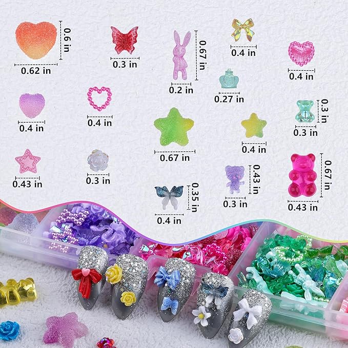 3D Nail Charms Set 9 Colors Flower Butterfly Bow Rabbit Nail Gems Big Bear and Heart Nail Jewels Pearls for Nail Art, Craft and Decoration with Tweezer and Brush