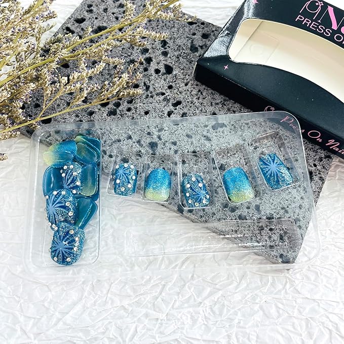 Square Press on Nails Short Fake Nails with Designs Fireworks Glue on Nails Rhinestone False Nails Blue Bling Sequins Acrylic Nails Glitter Full Cover Stick on Nails for Women 24Pcs