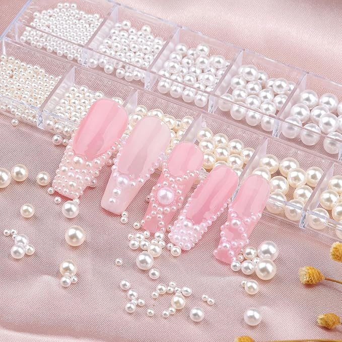 Multi Sizes Round Pearls 3D Nail Charms, 2-6mm White Pearls Nail Jewelry with Tweezers and Dual-end Brush for Women Manicure Nails Supplies DIY Crafts Decorations (21-K1-white-beads)