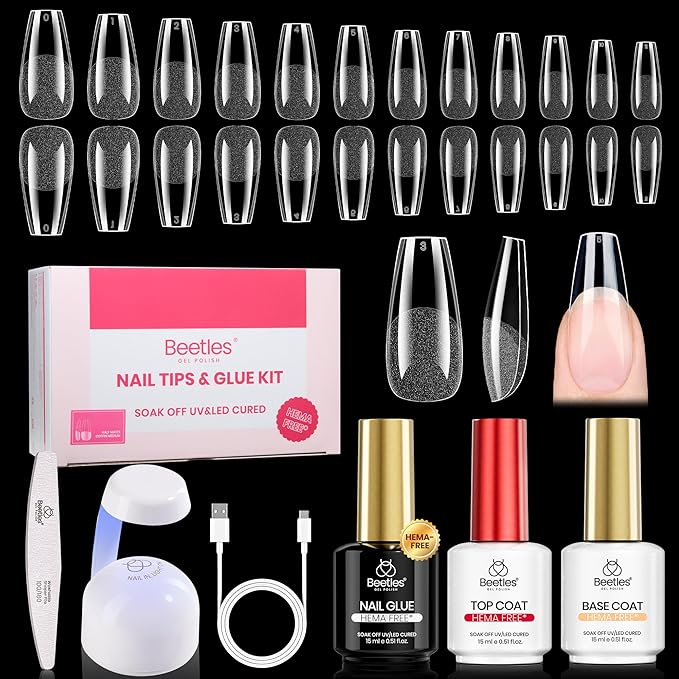 Beetles Gel Nail Kit Etch-X, Coffin Medium, 288pcs 12 Sizes Nail Tips, 3Pcs 15ml HEMA-Free Nail Glue Top Coat & Base Gel Set, with Mini Lamp, Press On Nail, Long Lasting Extension DIY Set at Home