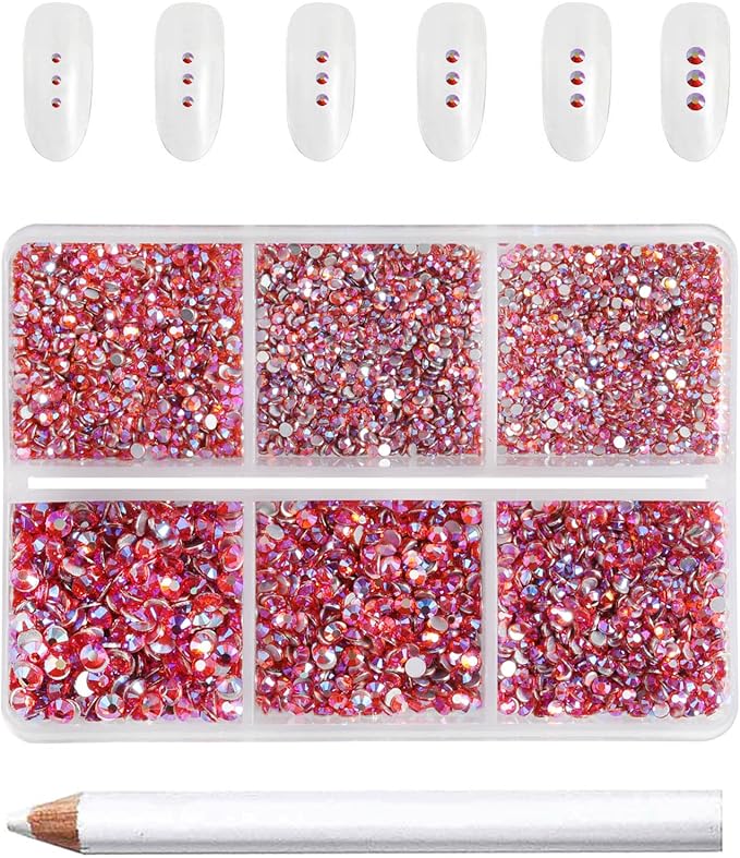 Beadsland 7200pcs Flatback Rhinestones,Orange AB Rhinestone Nail Gems Round Crystal Rhinestones for Crafts,Mixed 6 Sizes with Wax Pencil Kit, SS3-SS10,Hyacinth AB