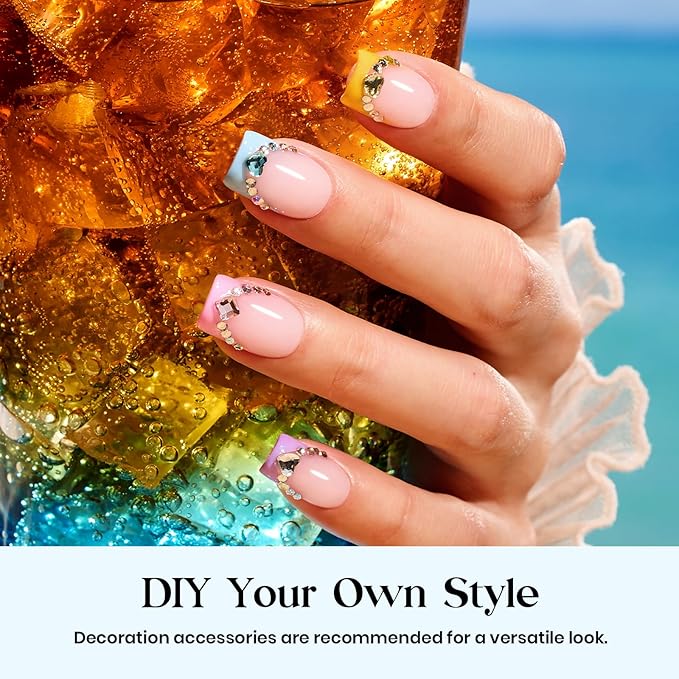 Beetles Summer Press On Nails 224 Pcs 7 Colors, French Tip Nails Short Square Classic Fake Nail Tips, Rainbow Soft Nail Gel False Nails Art DIY For Women
