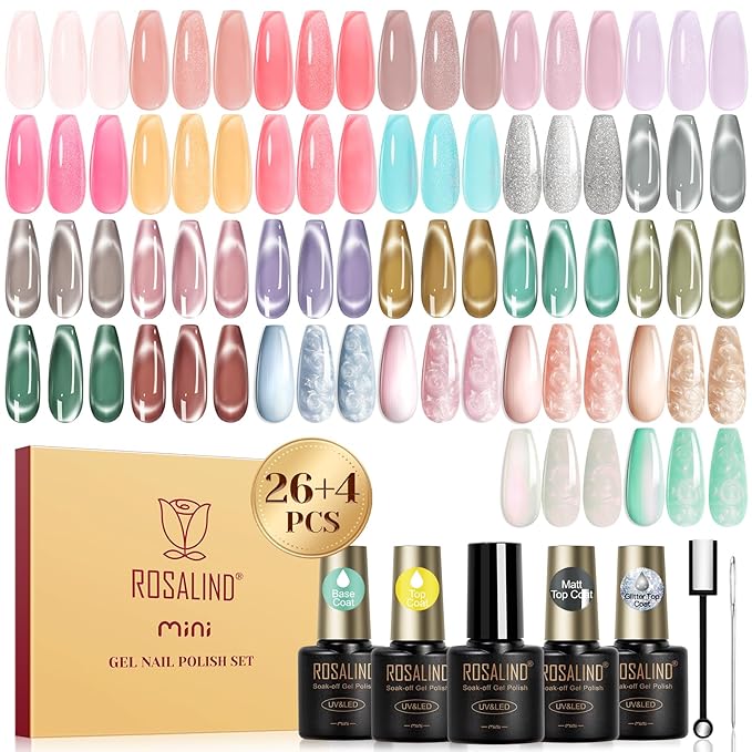 ROSALIND 30pcs Jelly Cat Eye Pearl Gel Polish Set, 26 color Translucent/Magnetic/Shell Swirl Thread Gel Polish Nail with Magnet and Dotting tools Base Glitter Glossy Matte Top Coat Nails Gift