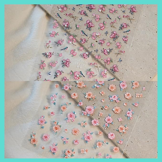 Flower Rose Bird Nail Art Stickers Pearl Rhinestones Embossed Vintage Nail Decals for Nail Art Design Self-Adhesive Nail Accessories for Women Nail Art Supplies 3 Sheets