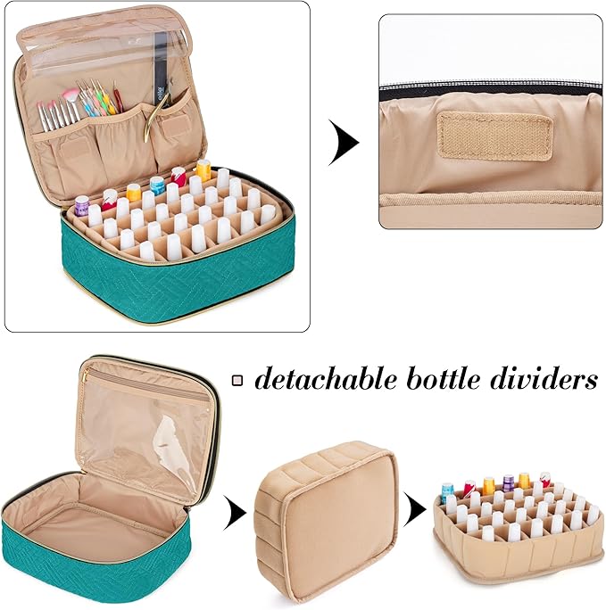 LUXJA Detachable 2 Layers Nail Polish Organizer - Hold 60 Bottles (15ml - 0.5 fl.oz), Nail Polish Case with Tools Storage Pockets (Patented Design), Teal