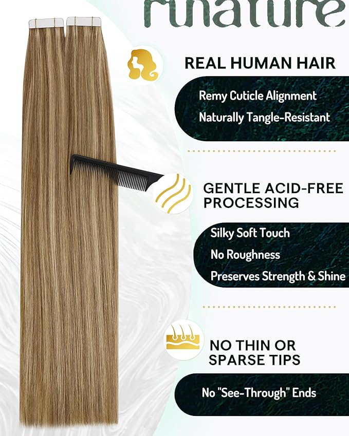 RUNATURE Blonde Tape in Hair Extensions Human Hair Seamless Tape in Extensions 12 Inch Short Tape ins Human Hair Extensions Remy Natural Hair 30g 20pcs Dark Blonde Highlight Caramel Blonde