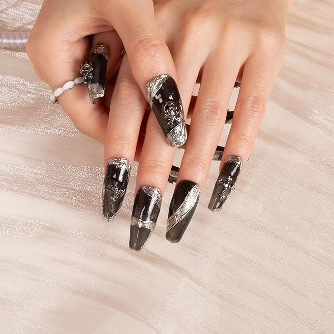 LOVFUL Press on Nails THE EDGE | Handmade with Full Covered Crystals | Reusable Full Cover Nails | Coffin Classic Regular 1.3 in | H283-S