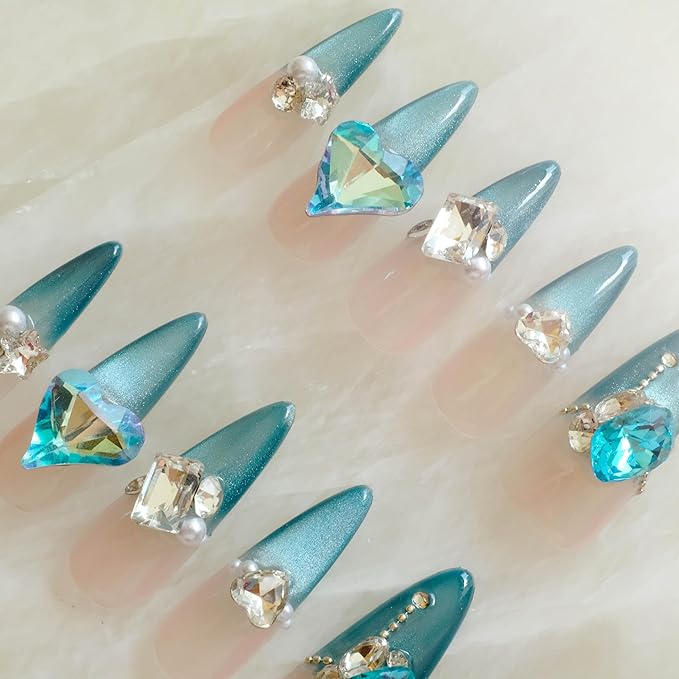 Luxury Long Stiletto Press-On Nails, Turquoise Blue Stiletto with 3D Crystals and Pearls, Handmade False Nail 10 Pieces (Small, LS)
