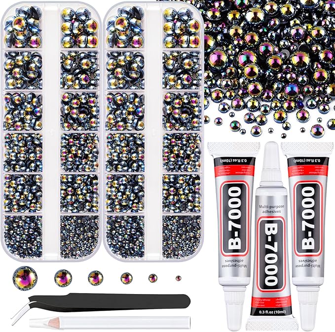 Flatback Pearls for Crafting with 3Pcs 10ml B7000 Jewelry Glue, 2 Boxes of Half Round Black AB Pearls, Bedazzling Beads for DIY Crafts Clothing Tumblers Shoes Embellishment Nail Art