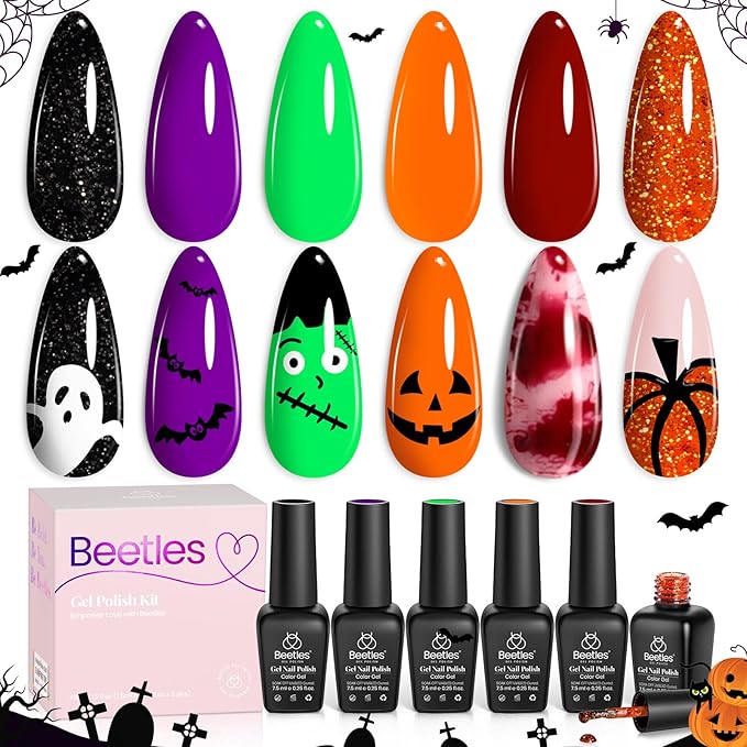 Beetles Gel Nail Polish Set - Hocus Pocus 6 Colors Gel Polish Orange Green Purple Black Red Glitter Colors, Soak Off Nail Lamp UV LED Cured Nail Art Design Manicure Gift for Women