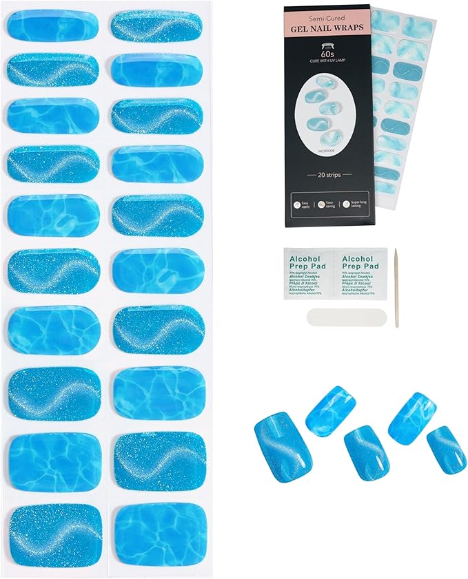 Cat Eye-Inspired 20pcs Semi Cured Gel Nail Strips - Salon-Grade DIY Wraps with Glaze Texture, Easy Application, UV Light Required for Stylish Nails