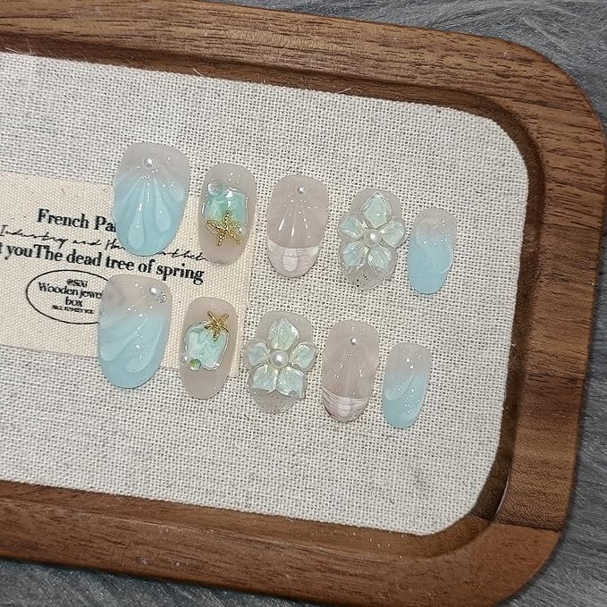 Blue French Tips Press on Nails Short Oval,Isle Blue Gradient & Hand-Sculpted Conch Relief False Nails,Ocean Whisper Fake Nails Kit,Glossy Cute Artisan Coastal Zen Nail Art with Tools 10pcs(M)