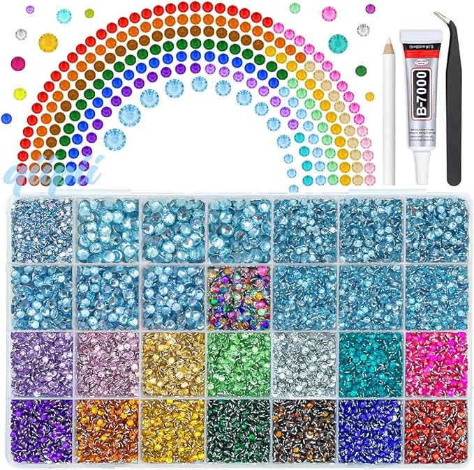 28 Grids Light Blue 2mm-6mm Resin Rhinestones w B7000 Glue for Bedazzling Crafting Colorful Flatback Stones Diamonds Crystals Gems Bedazzler Kit for Nails Face Eyes Makeup Tumblers DIY Crafts