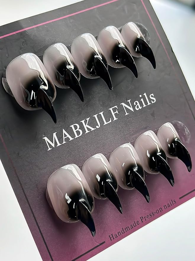 Halloween Press on Nails Luxury Short Stiletto Handmade Cat Claw Unique Reusable ABS Material Black Fake Nails Eagle Claw False Nails Gradient Glossy Glue on Nail Curved Thick Acrylic Nail(M)