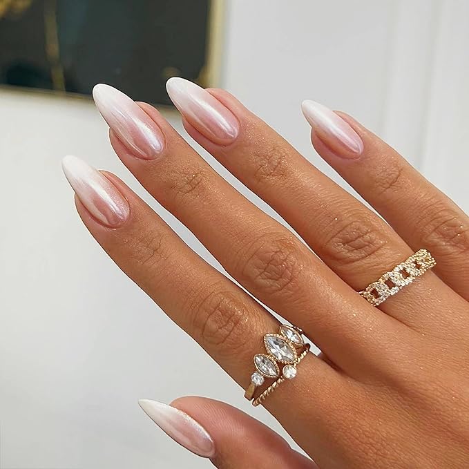 Pearlescent Press on Nails Medium, Glazed Ombre Nude Fake Nails Almond Chrome Acrylic Press Ons for Women, Natural Fit Full Cover Glue on Nails in 12 Sizes - 24 Pieces Nail Kit