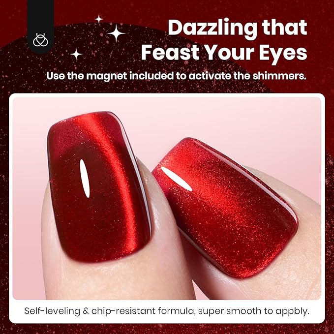 beetles Gel Polish Ruby Red Cat Eye Gel Nail Polish - 15ML Valentine's Day Red Cat Eye Glitter Gel Polish Magnetic Shimmer Effect Soak Off UV French Nail Art Design Salon DIY Manicure Gifts for Women