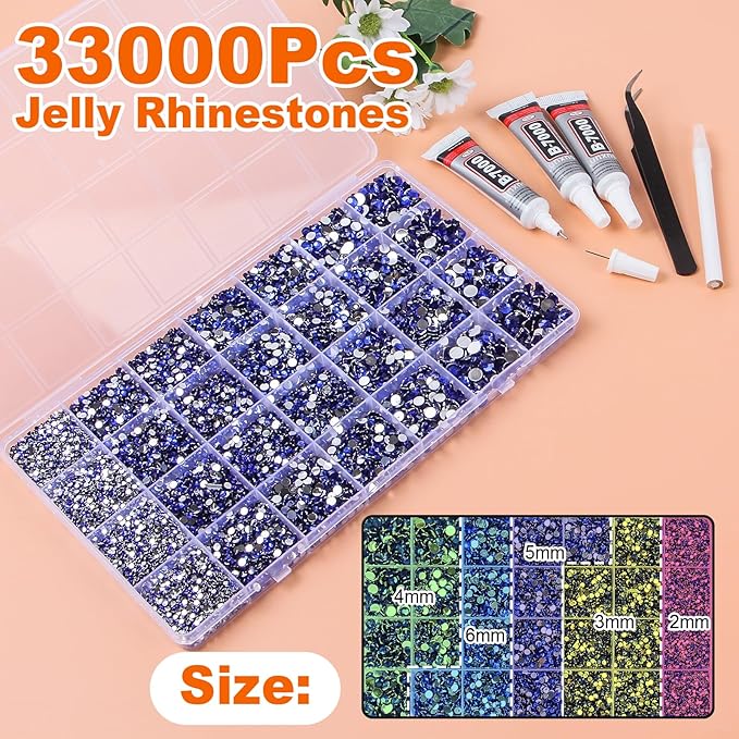 33000Pcs Sapphire Blue Resin Jelly Rhinestones for Bedazzling, 2-6mm Flatback Gems for Diamond Art, Bedazzler Kit with 3Pcs 10ml B7000 Jewelry Glue for Crafting Crafts Nail Art