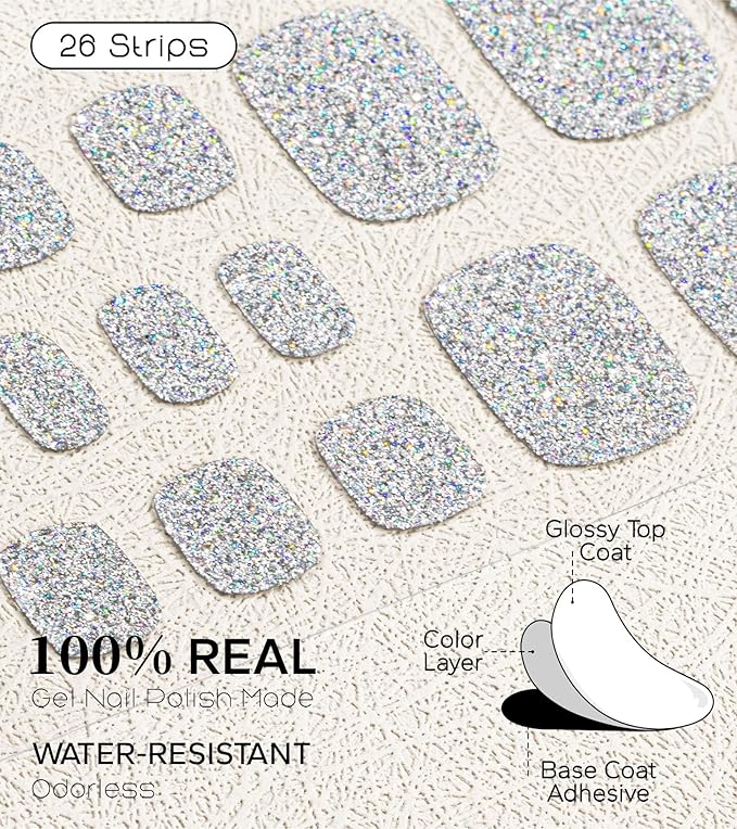 Semi Cured Gel Nail Strips - 26 PCS Salon Quality Toe Gel Nail Stickers for All UV Light - Longlasting & Easy Remove Toe Wraps Art Kit for Women (Starry Silver)