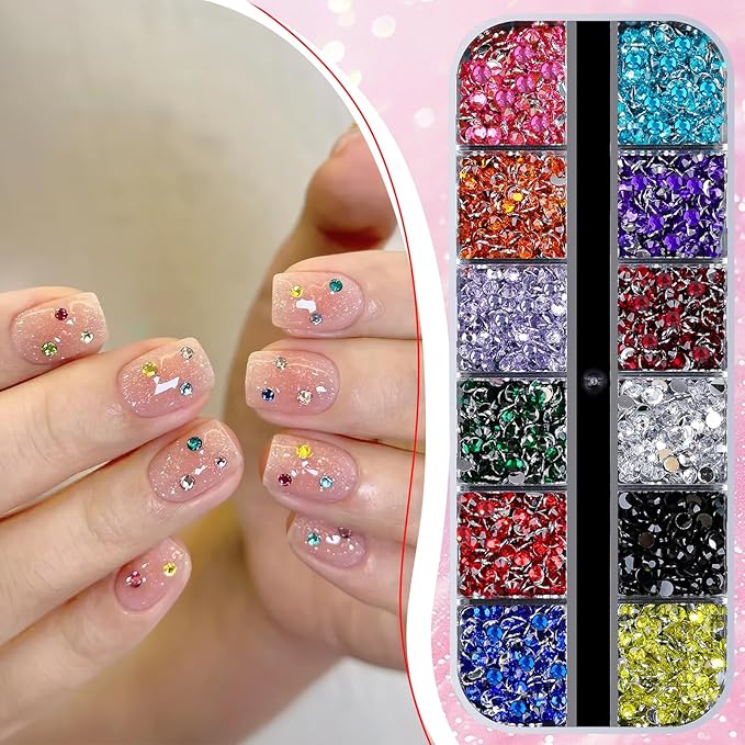 1800Pcs Small Resin Rhinestones for Nail Art, Colorful 3mm Bedazzling Flatback Crystals Nail Gems Nail Rhinestones with Pickup Tools for Manicure Decor Crafts DIY (7-K1-3mm-soild-color)