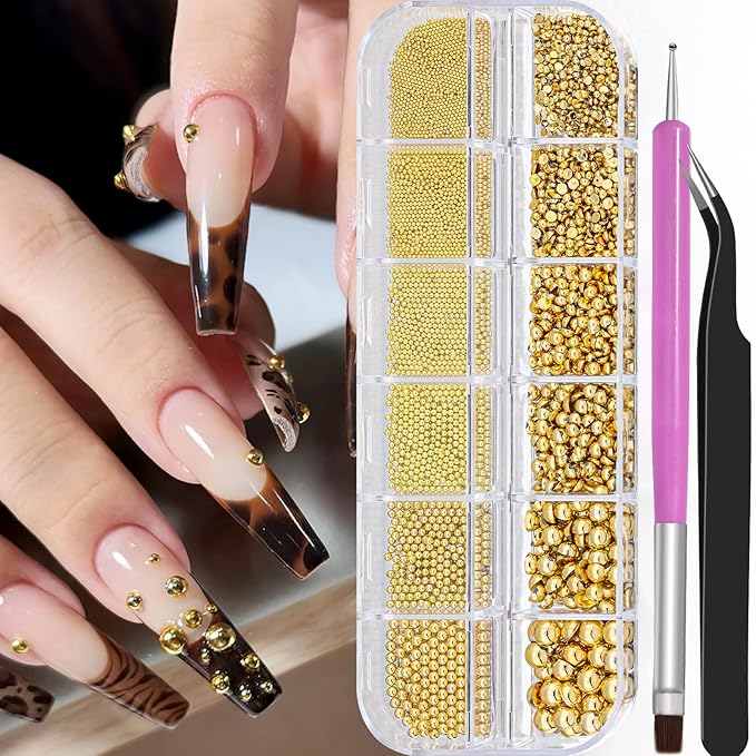 Gold Nail Charms Caviar Beads for Nails, 1.5-5mm Half Round Flatback Nail Pearls 0.7-2mm Gold Beads with Pickup Tools for Nails Face Eyes Makeup (32-K1-5)