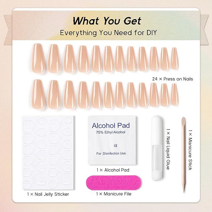Ballerina Press on Nails Extra Long, Glossy Nude Fake Nails Coffin Solid Acrylic Press Ons for Women, Natural Fit Full Cover Glue on Nails in 12 Sizes - 24 Pieces Nail Kit