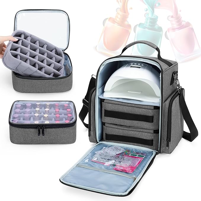 BAFASO Nail Polish Organizer Holds 48 Bottles (15ml - 0.5 fl.oz) and a Nail Lamp, Large Nail Polish Case with 2 Removable Pouches and Multiple Storage Sections (Patented Design), Gray