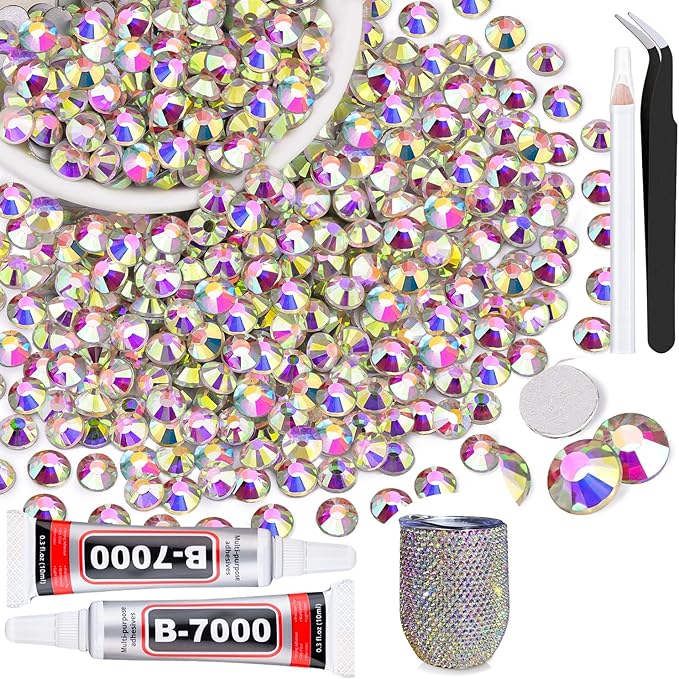 2000PCS SS20/5mm Crystal Rhinestones (Crystal AB) with 2Pcs 10ml B7000 Jewelry Glue, Bedazzling Flatback Glass Rhinestones for Crafting, Gems Diomand Charms for Tumbler Shoes Clothing Mugs Nail Art