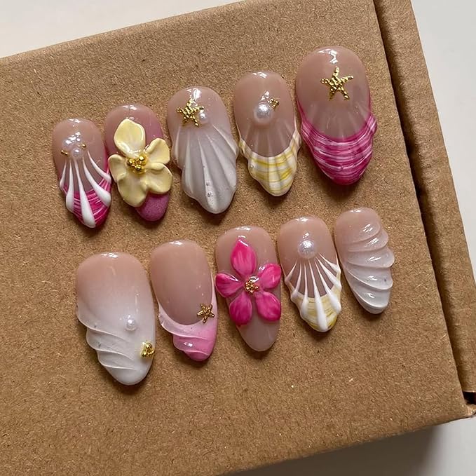 Luxury Press on Nails Medium Almond Handmade 3D Unique Reusable ABS Material Fake Nails French Tip False Nails with Designs Pink Floral Pearls Summer Glossy Glue on Nail Thick Acrylic Nail(S)