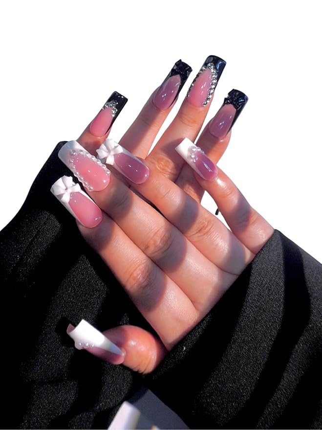 HAND-PAINTED White Press Ons Neon Small Press on Nails Long French Press on Nails Coffin Medium Short Nail art Fake Nail Art Kit with 7g Glue on Nails Handmade Almond Square Nails (TJ59, X-Small)
