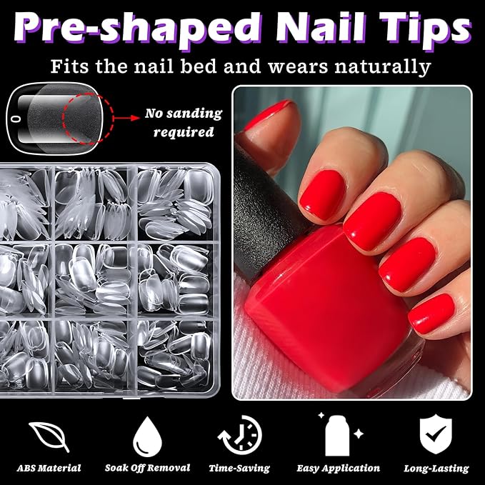 LoveOurHome 360pc Extra Short Squoval Nail Tips Clear Fake Nails XS Short Round Square Gel Nail Tips Full Cover Acrylic Nails Clear Press on Nails 15 Sizes False Fingernail for Gel Nail Extension